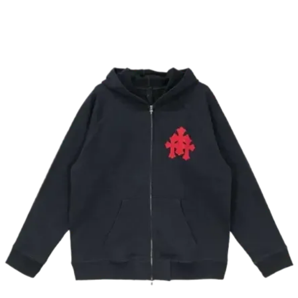 3 Red Cross Black Chrome Heart Hoodie Zip Up